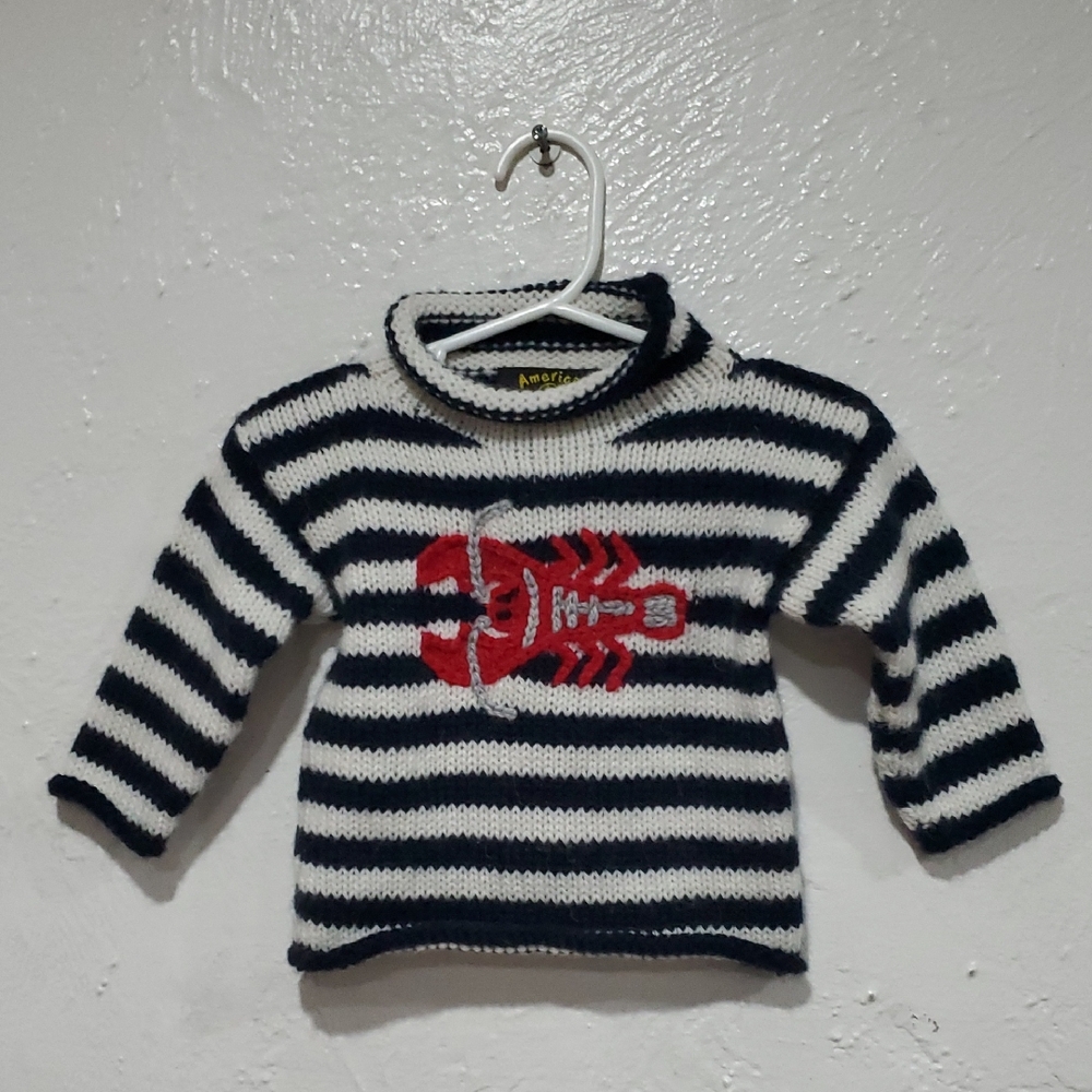 Alpaca Wool Kids Striped Navy and White Lobster Sweater Size S